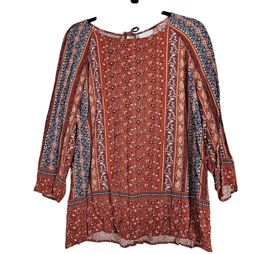 J. Jill Top Women's L Rayon Rustic‎ Geometric Print 3/4 Sleeve Pullover Office